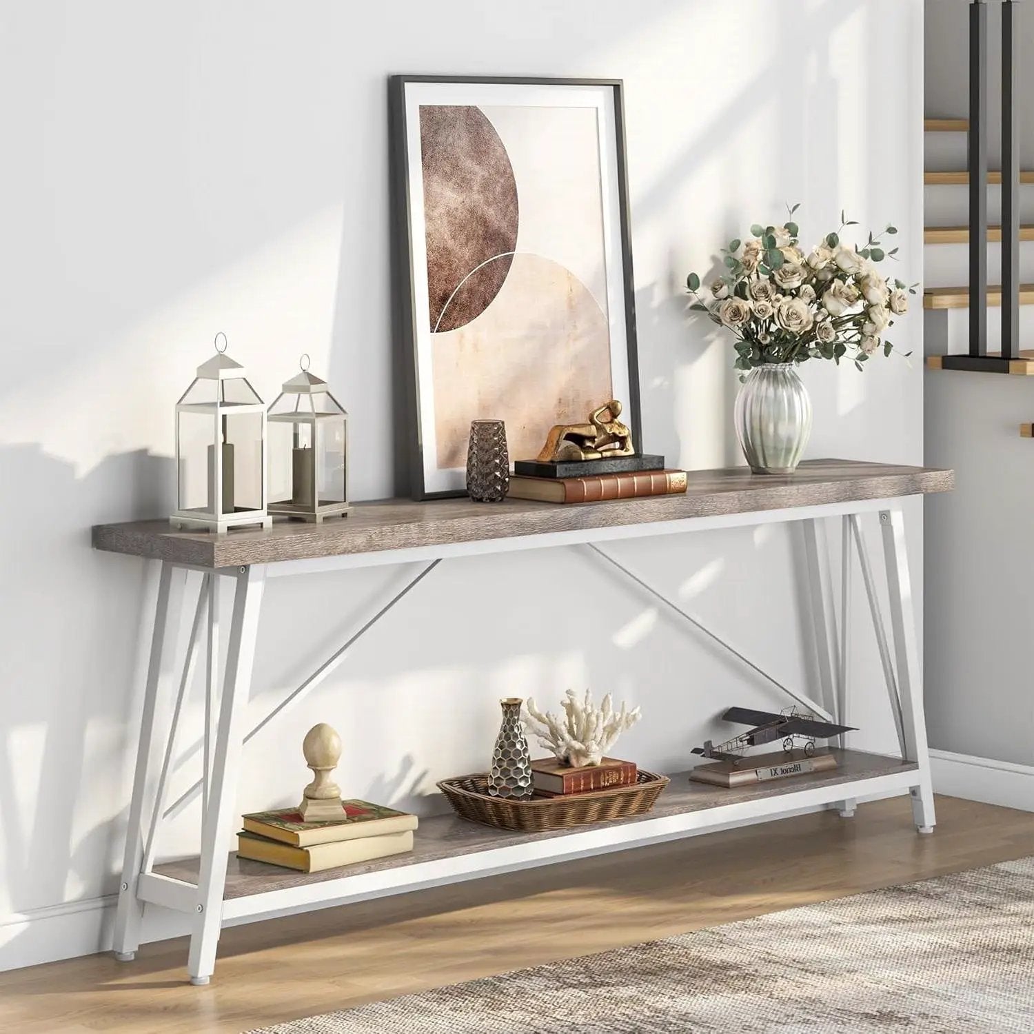 Heavy Duty 70-inch Industrial Grey Wood Top Sofa Table with White Metal Frame by HomePacific