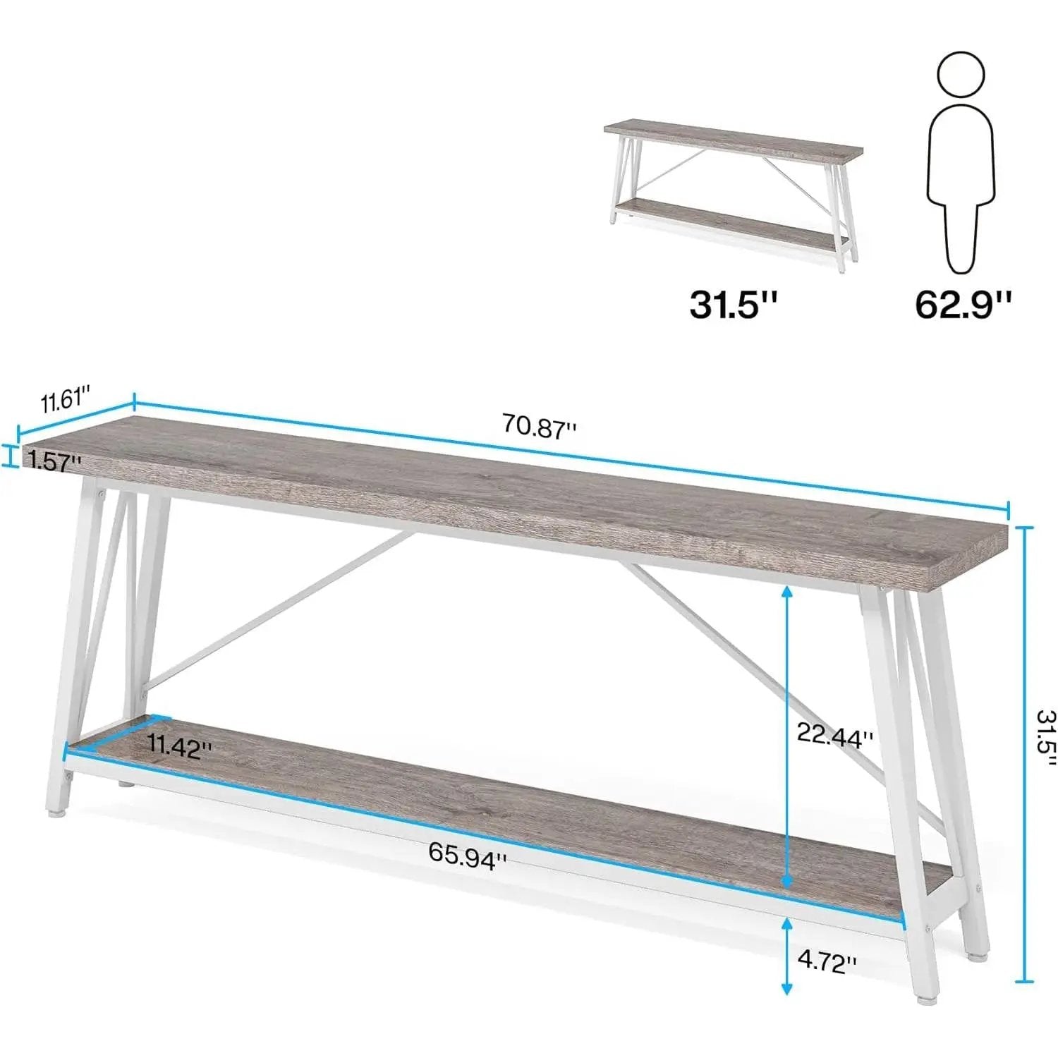 Heavy Duty 70-inch Industrial Grey Wood Top Sofa Table with White Metal Frame by HomePacific