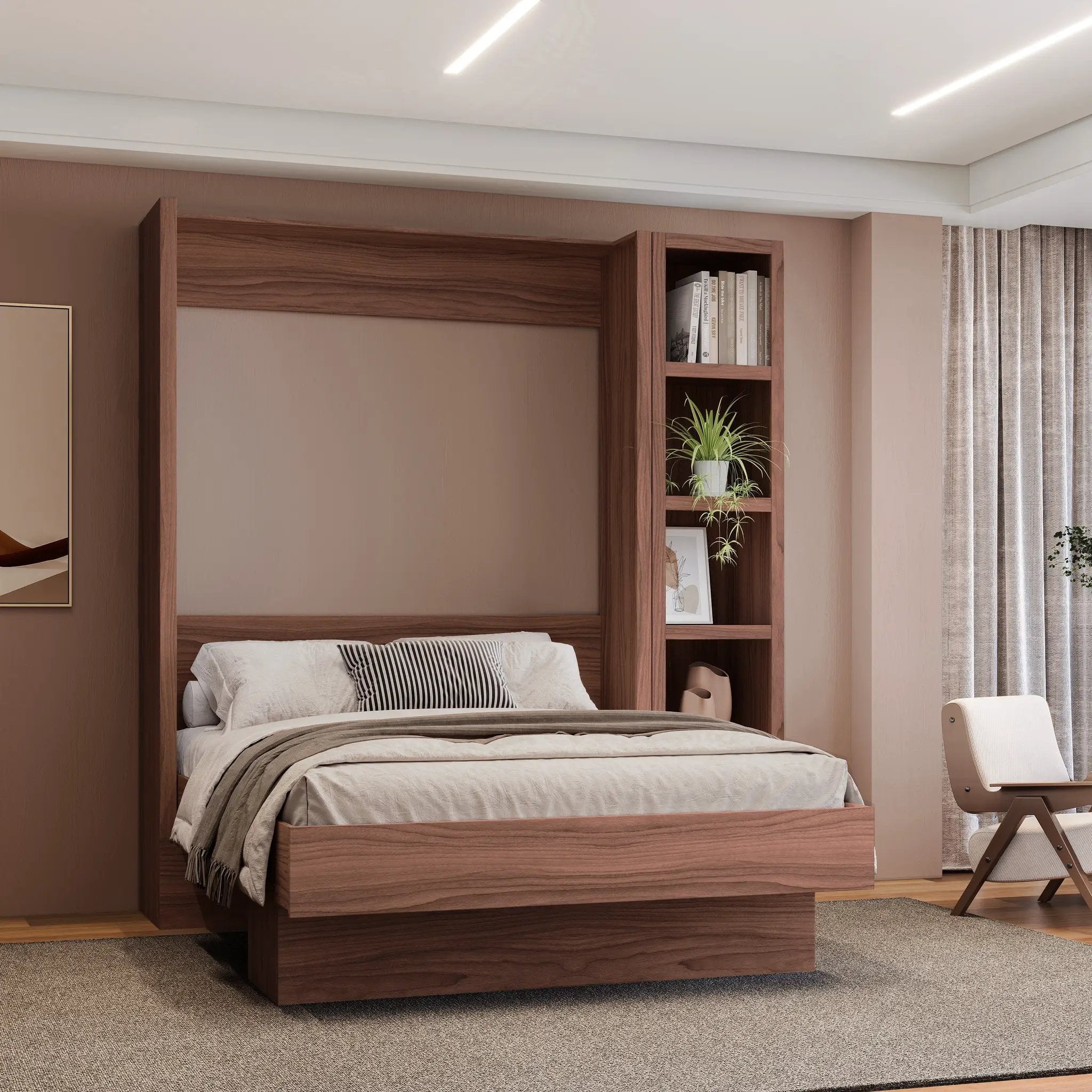 Easy-Lift Full Murphy Wall Bed in Natural Brown Wood Grain with Bookshelf by Sharicks