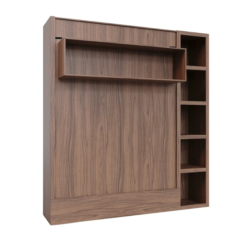 Easy-Lift Full Murphy Wall Bed in Natural Brown Wood Grain with Bookshelf by Sharicks