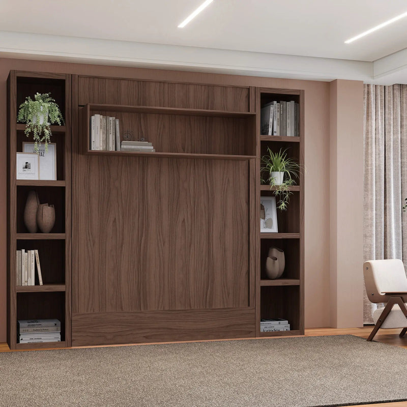 Easy-Lift Full Murphy Wall Bed in Natural Brown Wood Grain with Two Bookshelves by Sharicks