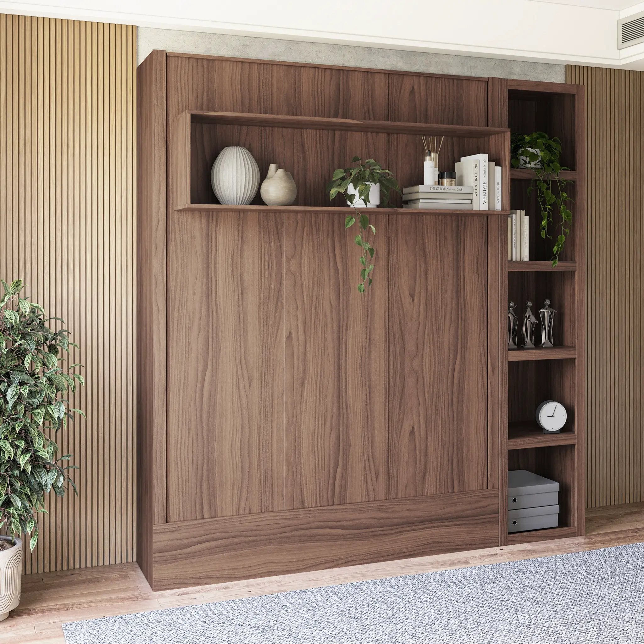 Easy-Lift Queen Murphy Wall Bed in Brown Wood Grain with Bookshelf by Sharicks