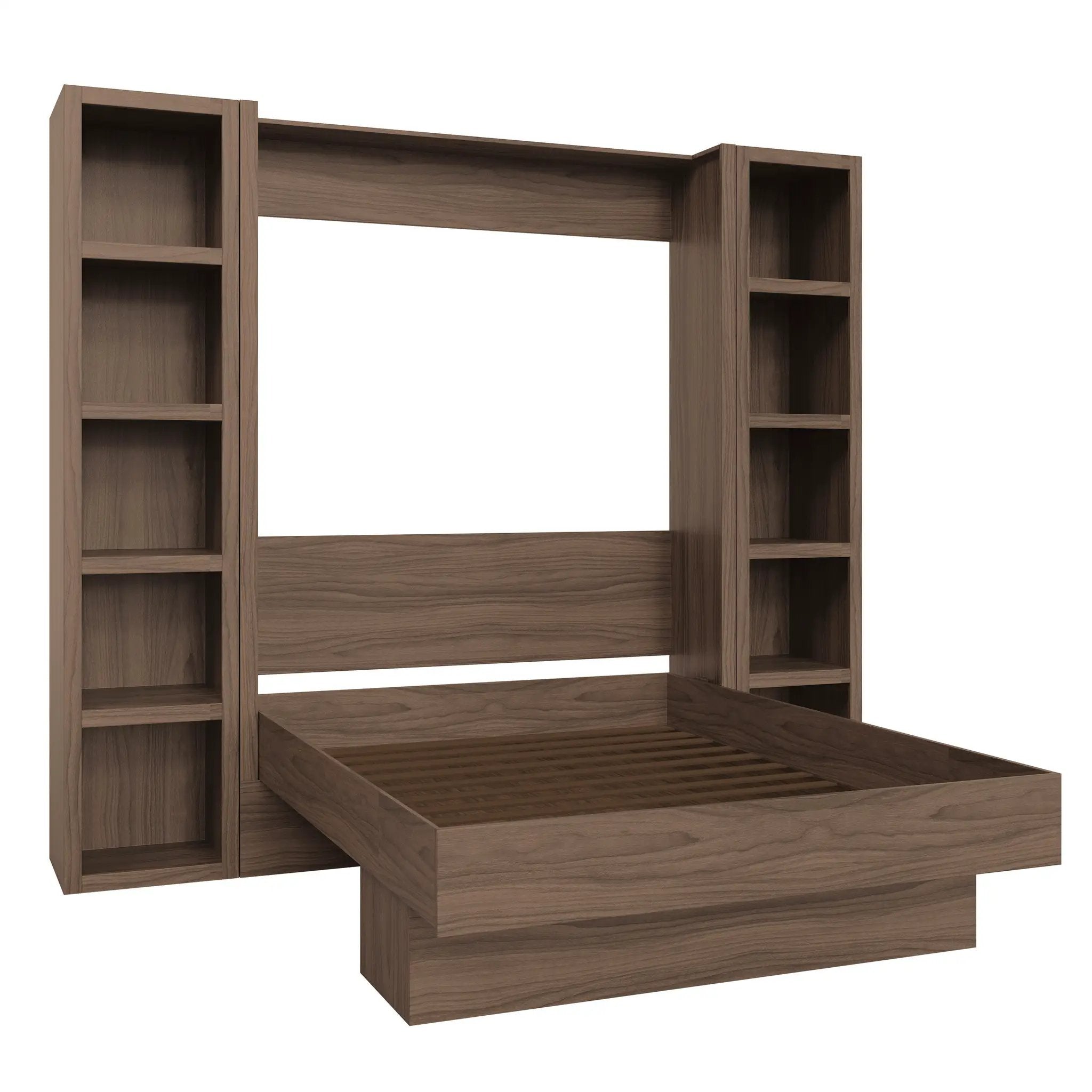 Easy-Lift Queen Murphy Wall Bed in Brown Wood Grain with Two Bookshelves by Sharicks