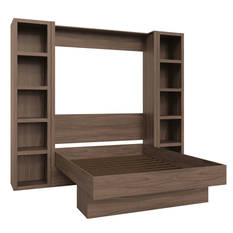 Easy-Lift Queen Murphy Wall Bed in Brown Wood Grain with Two Bookshelves by Sharicks