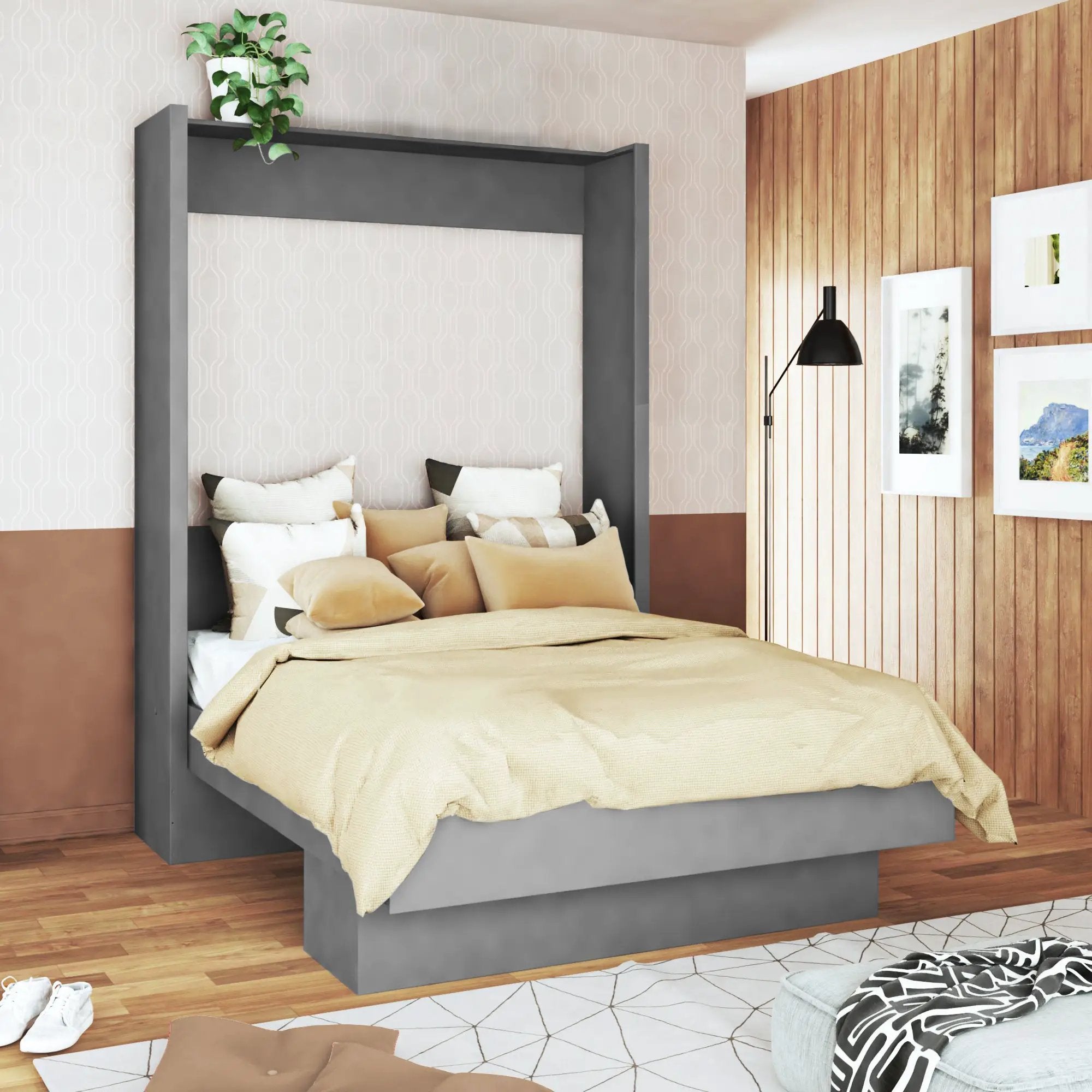 Easy-Lift Queen Murphy Wall Bed in Grey with Shelf by Sharicks