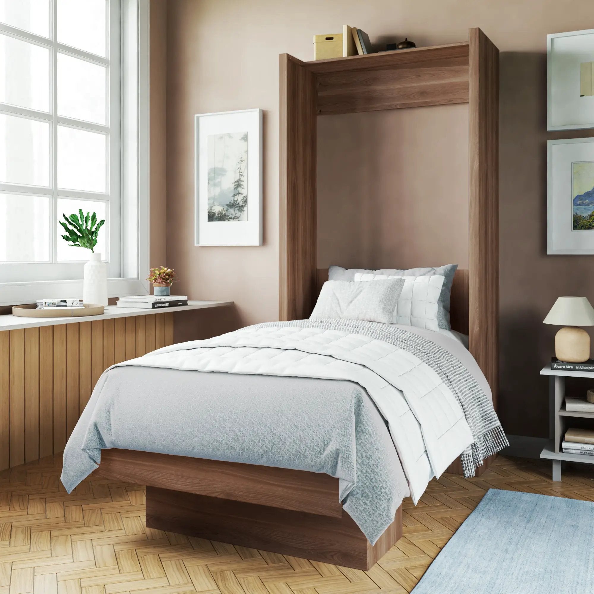 Easy-Lift Twin Murphy Wall Bed in Natural Brown Wood Grain with Shelf by Sharicks