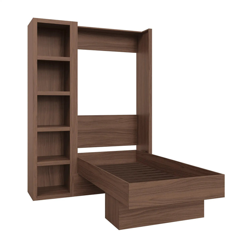 Easy-Lift Twin Murphy Wall Bed in Natural Brown Wood Grain with Bookshelf by Sharicks
