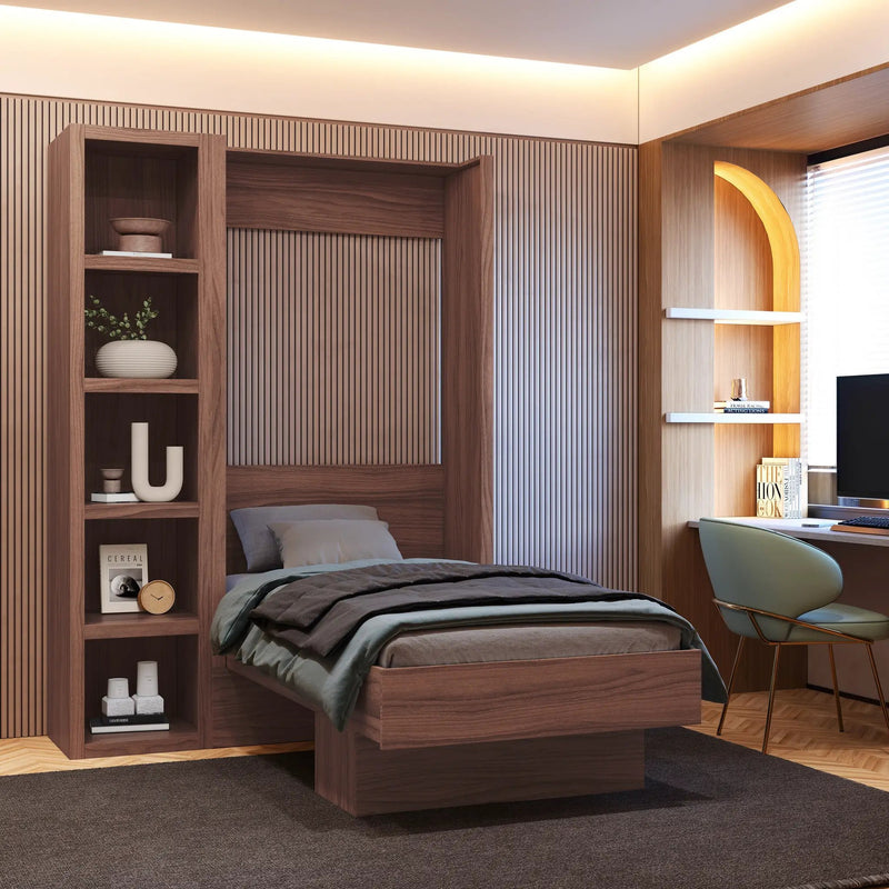 Easy-Lift Twin Murphy Wall Bed in Natural Brown Wood Grain with Bookshelf by Sharicks