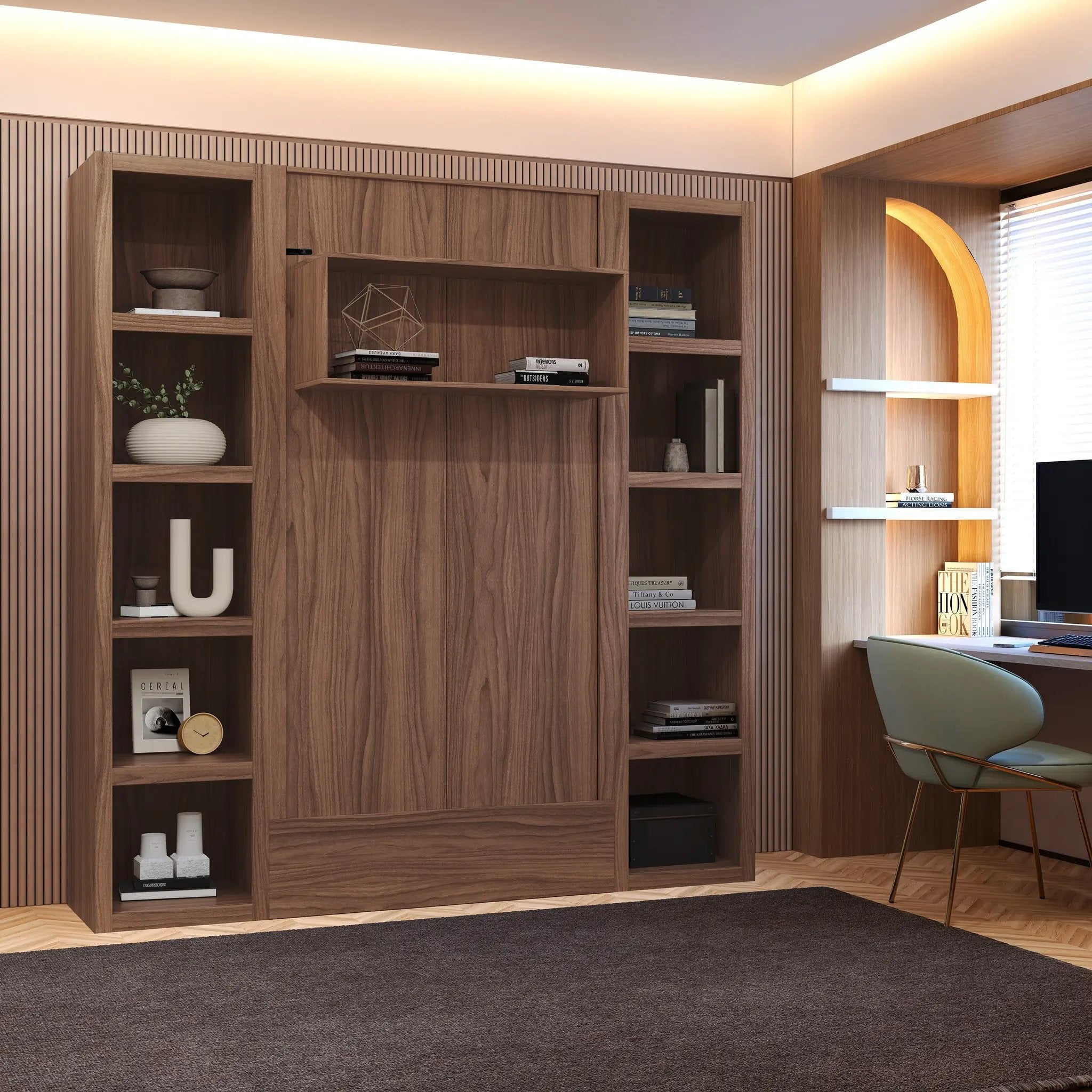 Easy-Lift Twin Murphy Wall Bed in Natural Brown Wood Grain with Two Bookshelves by Sharicks