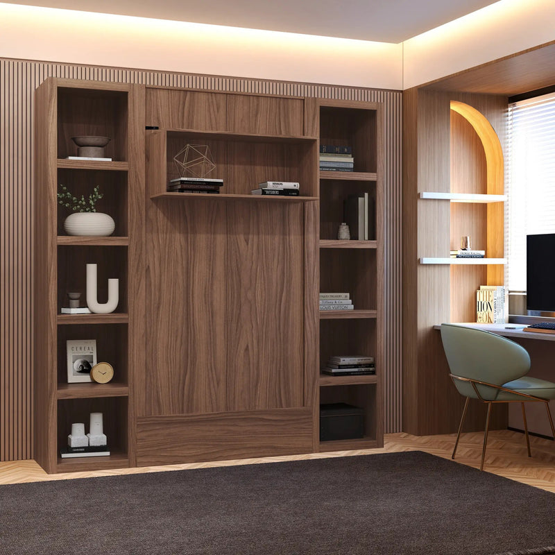 Easy-Lift Twin Murphy Wall Bed in Natural Brown Wood Grain with Two Bookshelves by Sharicks