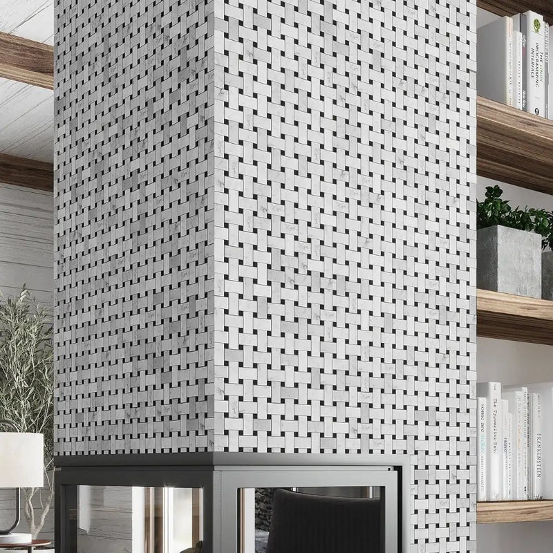 Bianco Carrara, Eastern Black 12x12 Polished Basketweave Marble Mosaic Tile (5 pack, 5 sq ft/case) by Apollo Tile