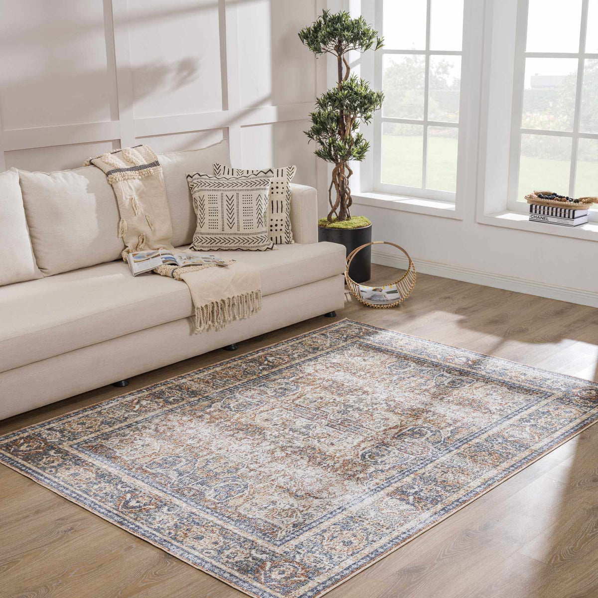 Arias Beige Blue Washable Area Rug, installed in a room
