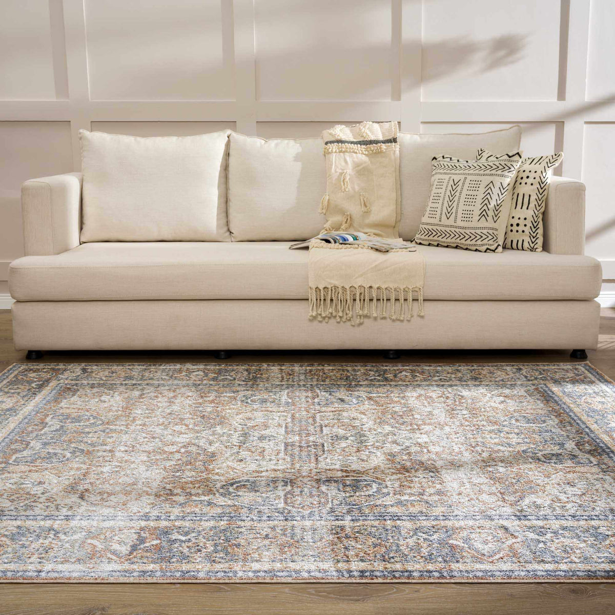 Arias Beige Blue Washable Area Rug, installed in a room 4