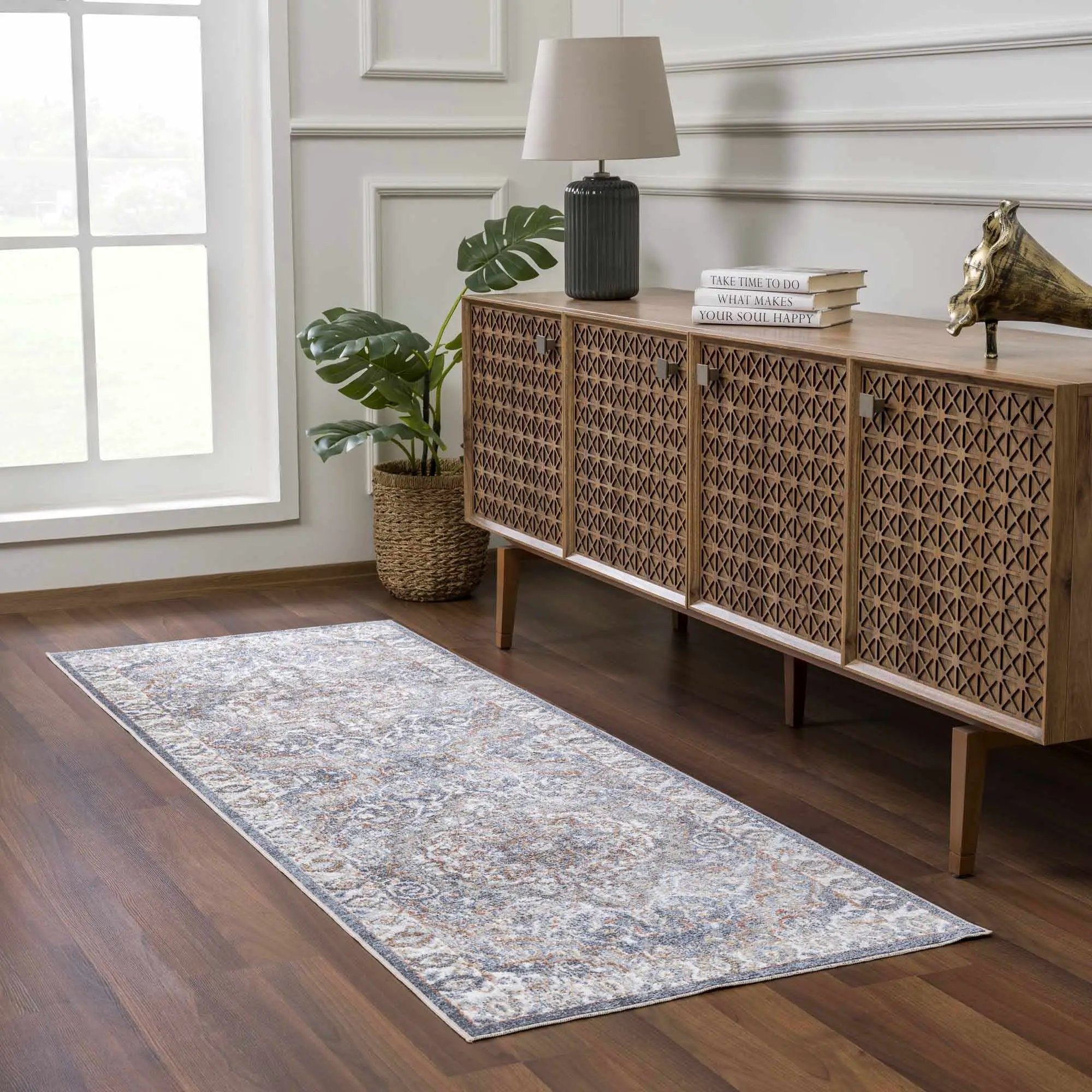Aurum Blue & Beige Washable Area Rug by Hauteloom