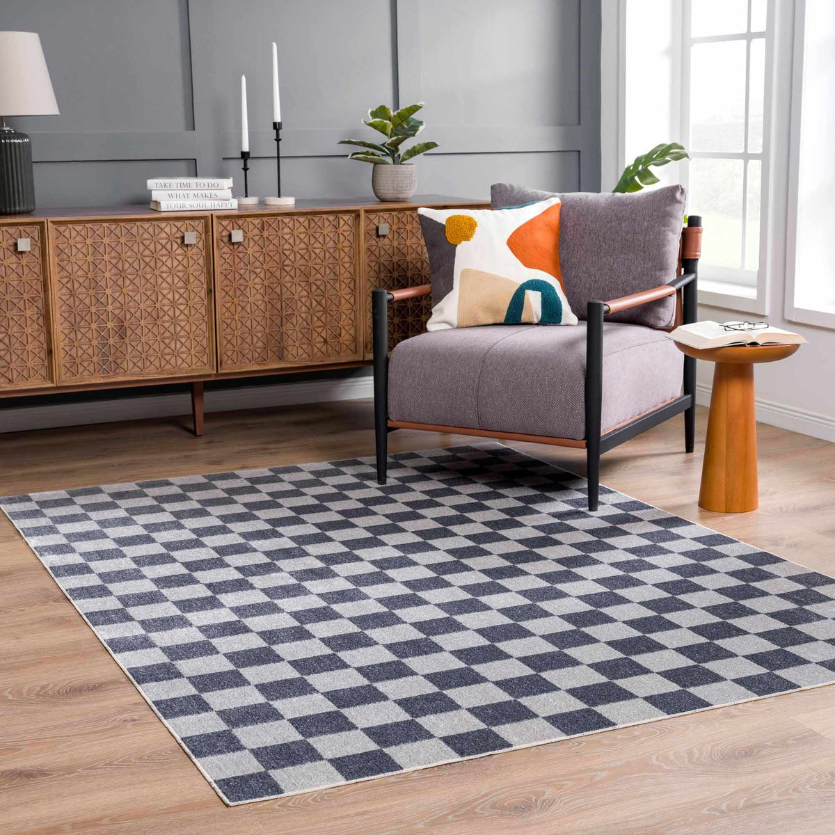 Alie Gray Checkered Washable Area Rug, installed in a room