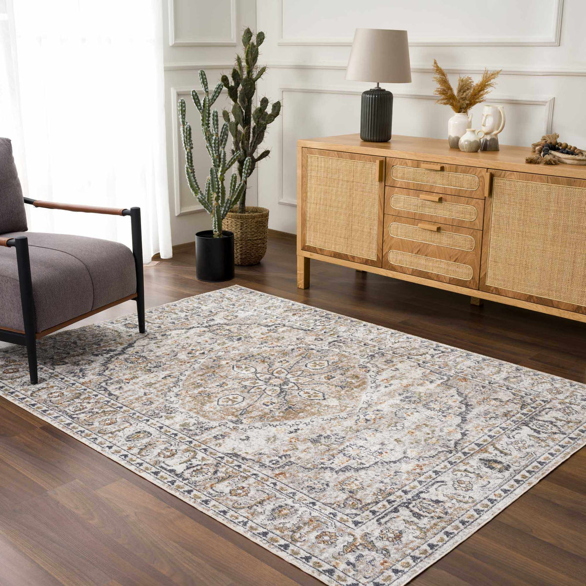 Cream Hiti Washable area rug, installed in a room 5