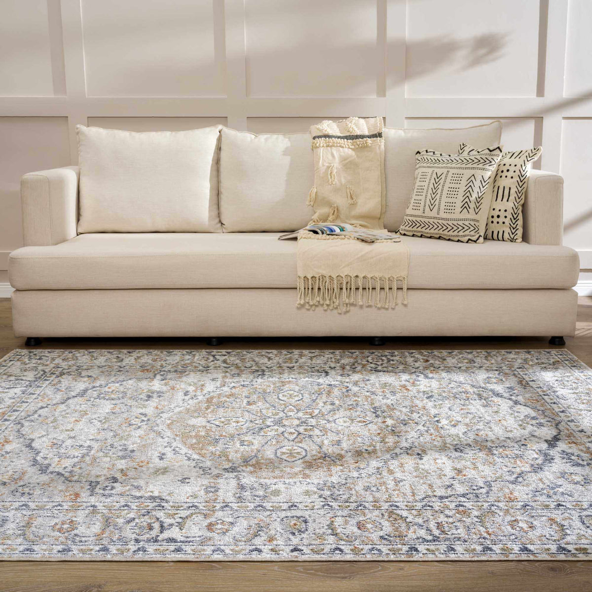 Cream Hiti Washable area rug, installed in a room 4