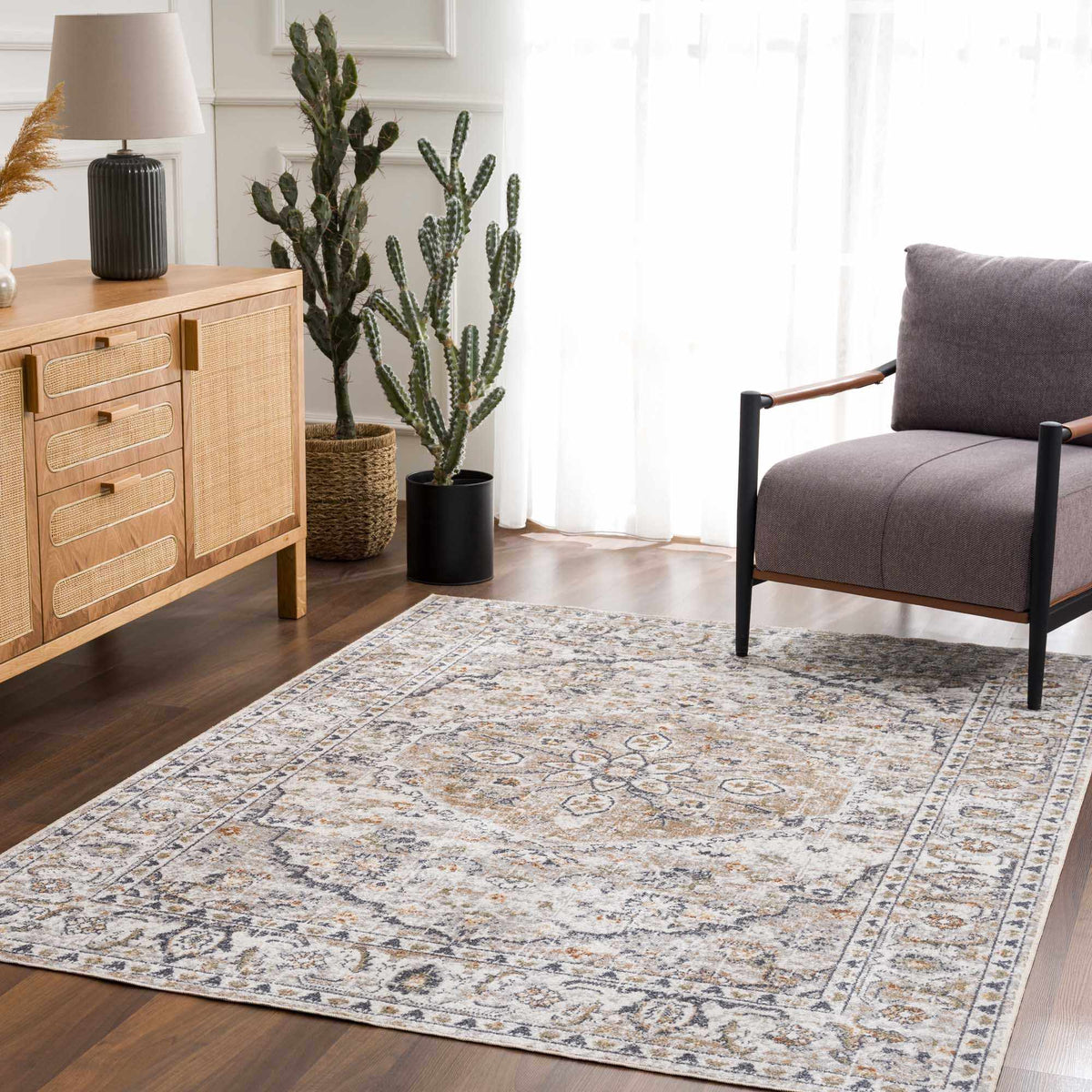 Cream Hiti Washable area rug, installed in a room 6