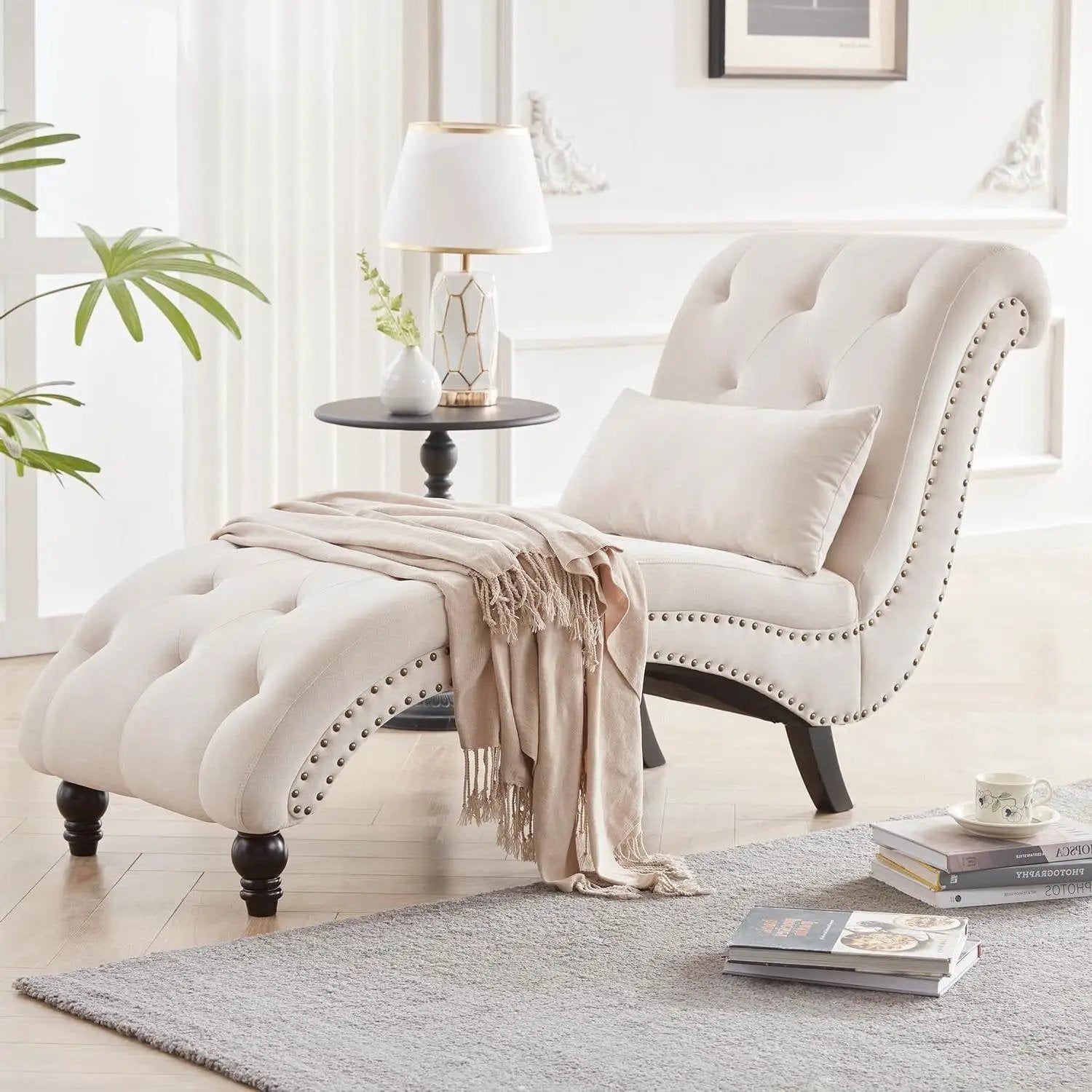 Cream Beige Linen Upholstered Armless Chaise Lounge Chair with Pillow by HomePacific