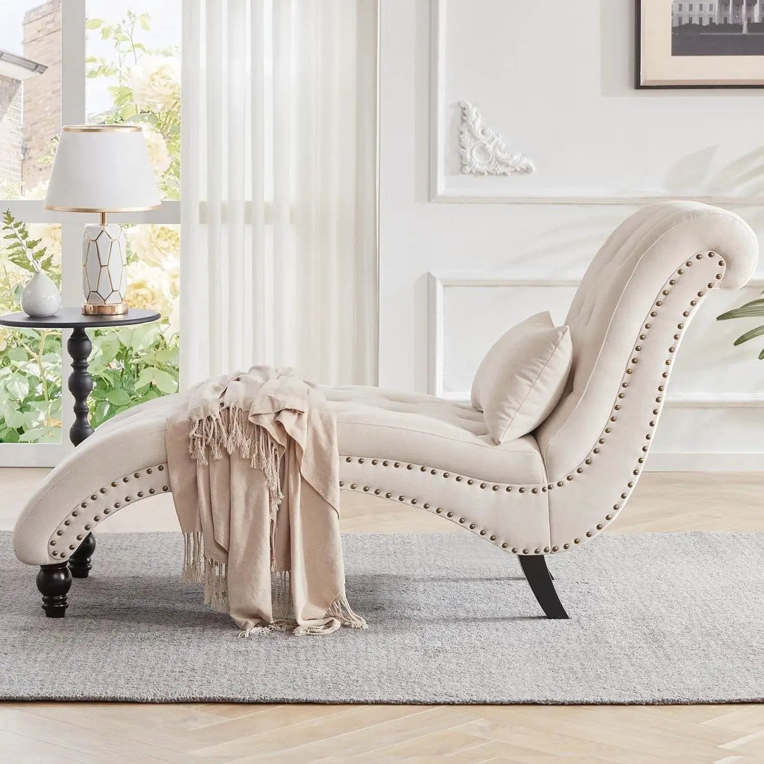 Cream Beige Linen Upholstered Armless Chaise Lounge Chair with Pillow by HomePacific