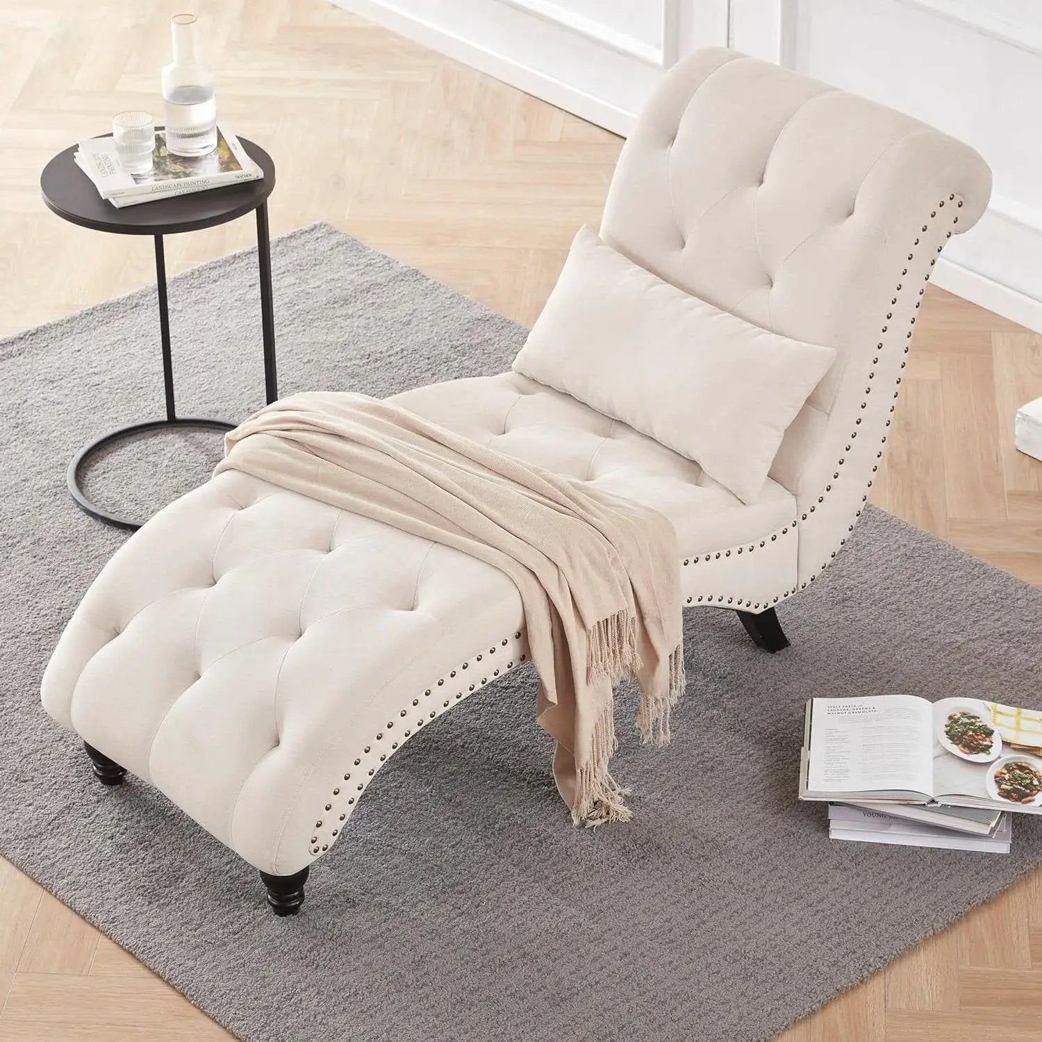 Cream Beige Linen Upholstered Armless Chaise Lounge Chair with Pillow by HomePacific