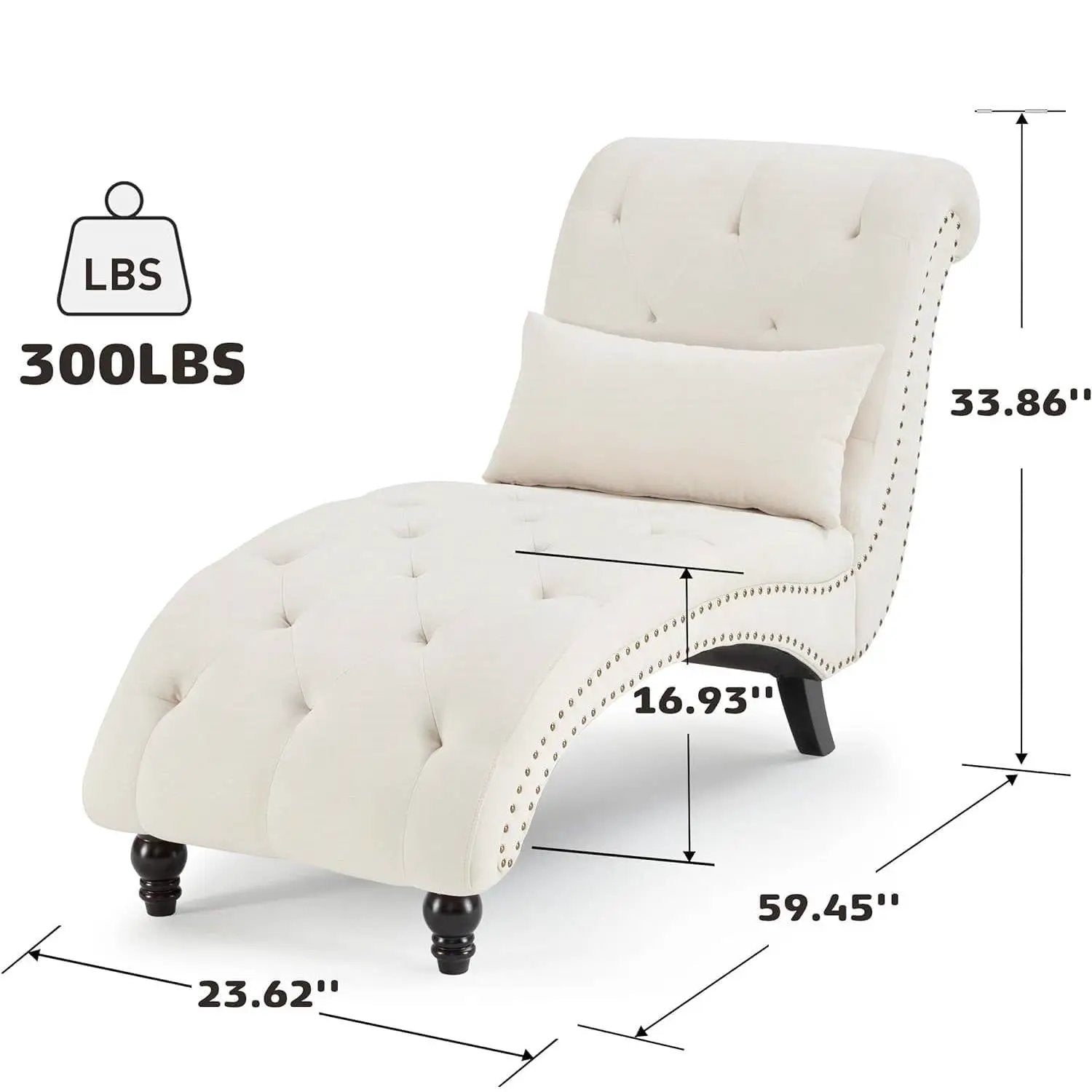 Cream Beige Linen Upholstered Armless Chaise Lounge Chair with Pillow by HomePacific