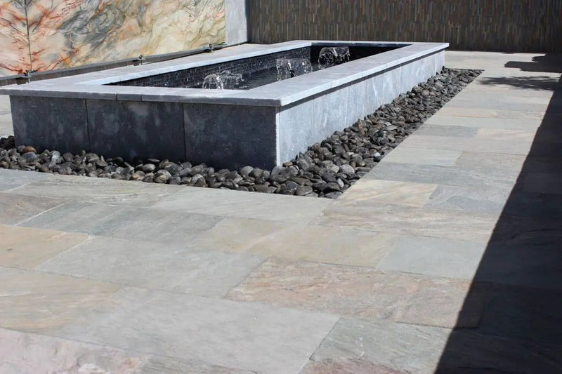 Atlantic Blue Sandblasted Marble Pool Copings 12x24 in a finished room