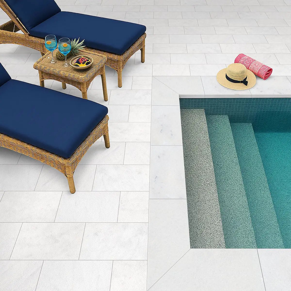 Crystal White Paver Sandblasted Marble Pool Copings 16x24 in a finished room