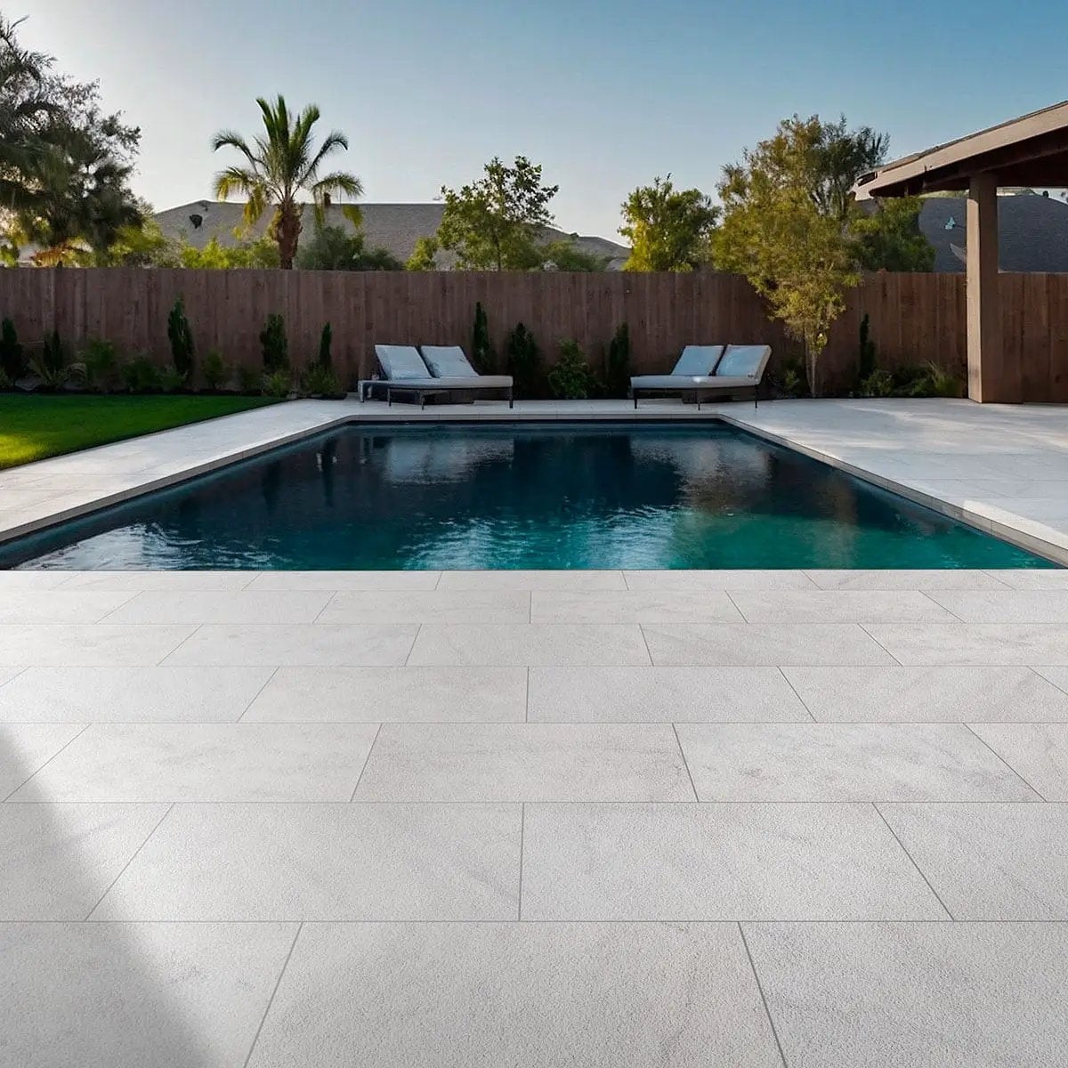 Crystal White Paver Sandblasted Marble Pool Copings 16x24 in a finished room