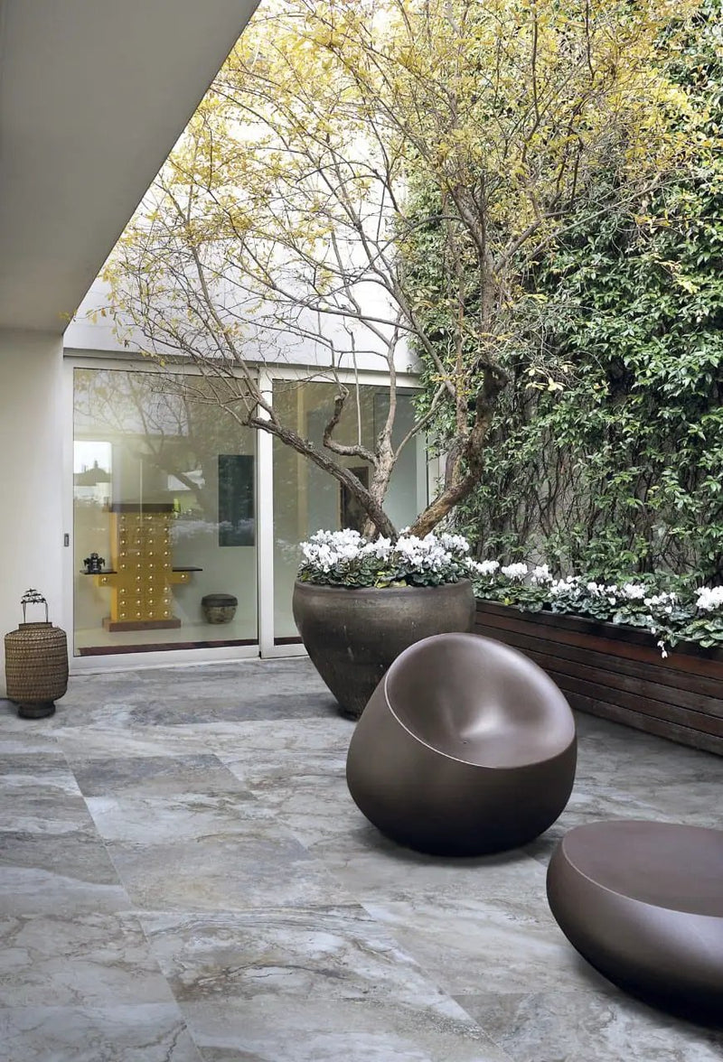Argento Travertino Matte Porcelain Pool Copings 13x24 in a finished room