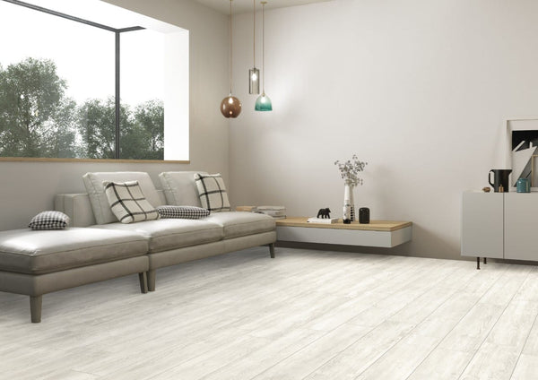Caldera Blanca Matte Wood Look Porcelain Pavers 16x47 in a finished room