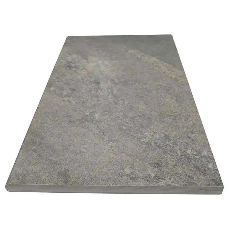 Quarzo Gray Matte Travertine Look Porcelain Pavers 24x24 angled view