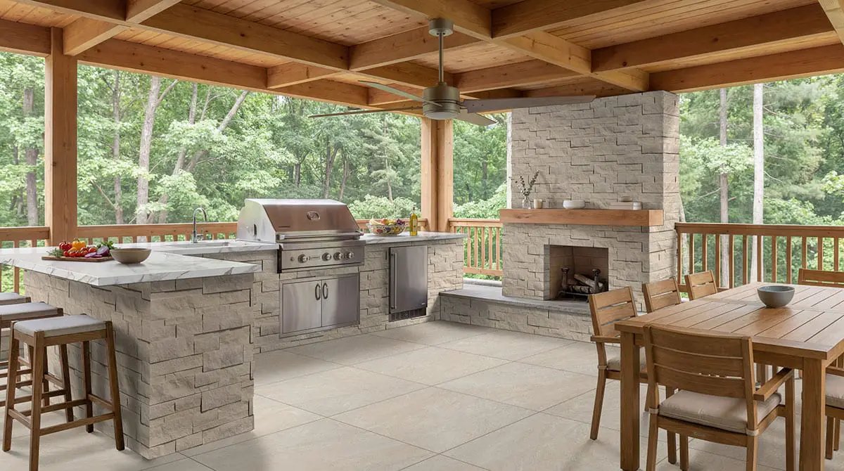 Vortexa Champagne Matte Porcelain Pavers 24x24 in a finished room