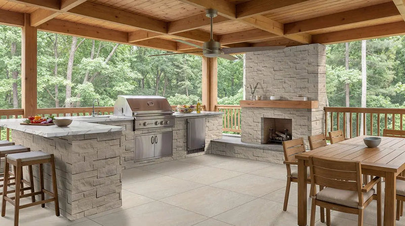 Vortexa Champagne Matte Porcelain Pavers 24x24 in a finished room