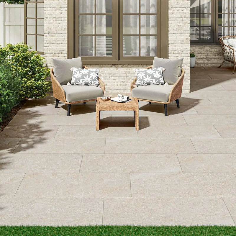 Vortexa Champagne Matte Porcelain Pavers 24x48 in a finished room