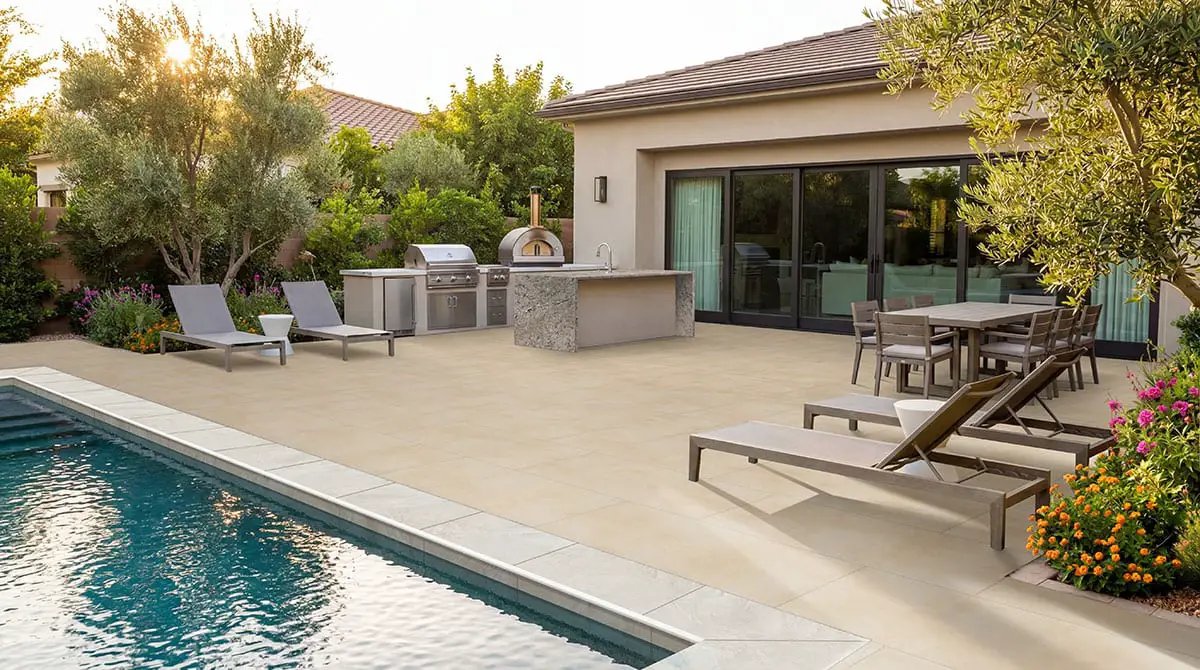 Vortexa Ivory Matte Porcelain Pool Copings 13x24 in a finished room