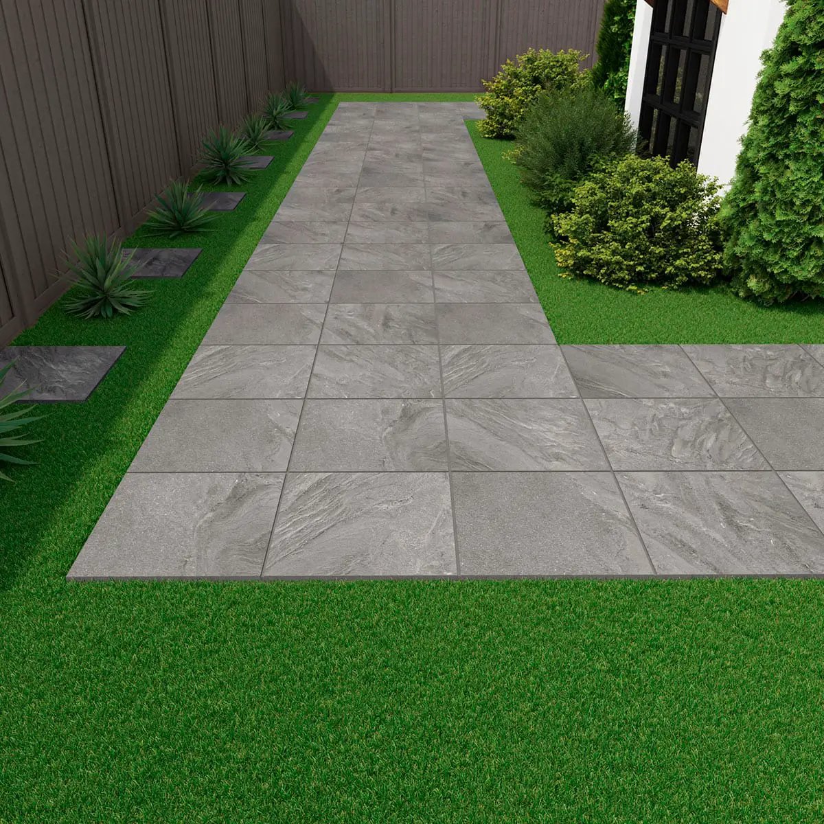 Vortexa Silver Matte Porcelain Pavers 24x48 in a finished room