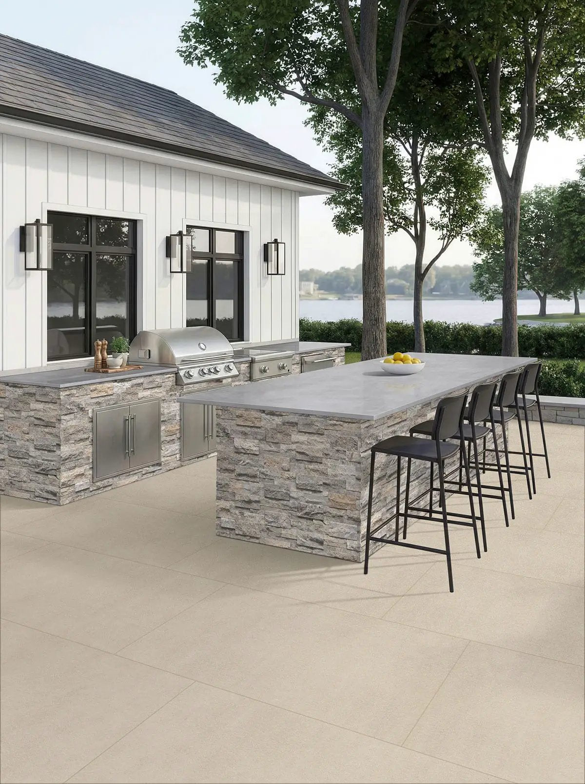 Zement Blanco Matte Porcelain Pavers 36x36 in a finished room