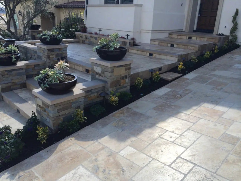 Tuscany Porcini Brushed Travertine Pool Copings 12x24 in a finished room