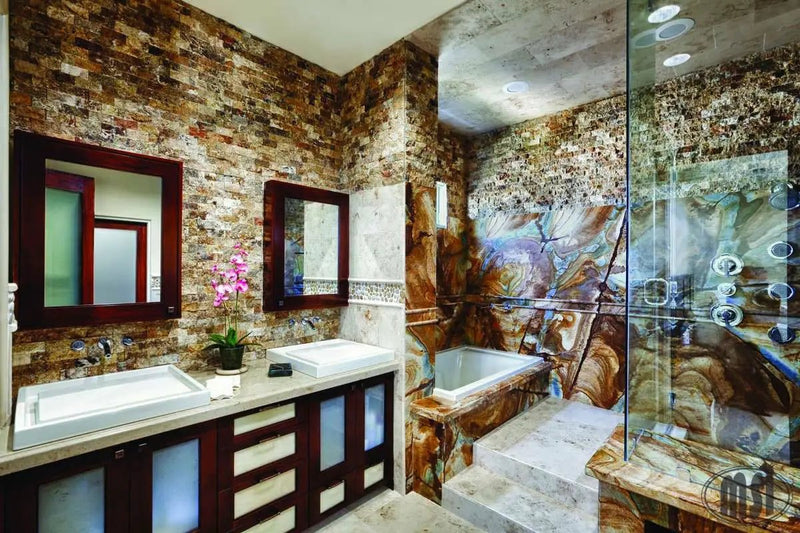 Tuscany Scabas Split Face Corner Travertine Pavers 6x12 in a finished room