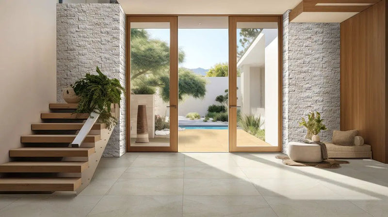 Mayra White Split Face Limestone Pavers 6x12 in a finished room