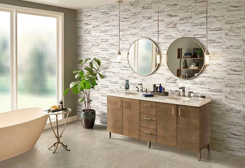 Mayra White Xl Split Face Corner Limestone Pavers 9x12 in a finished room