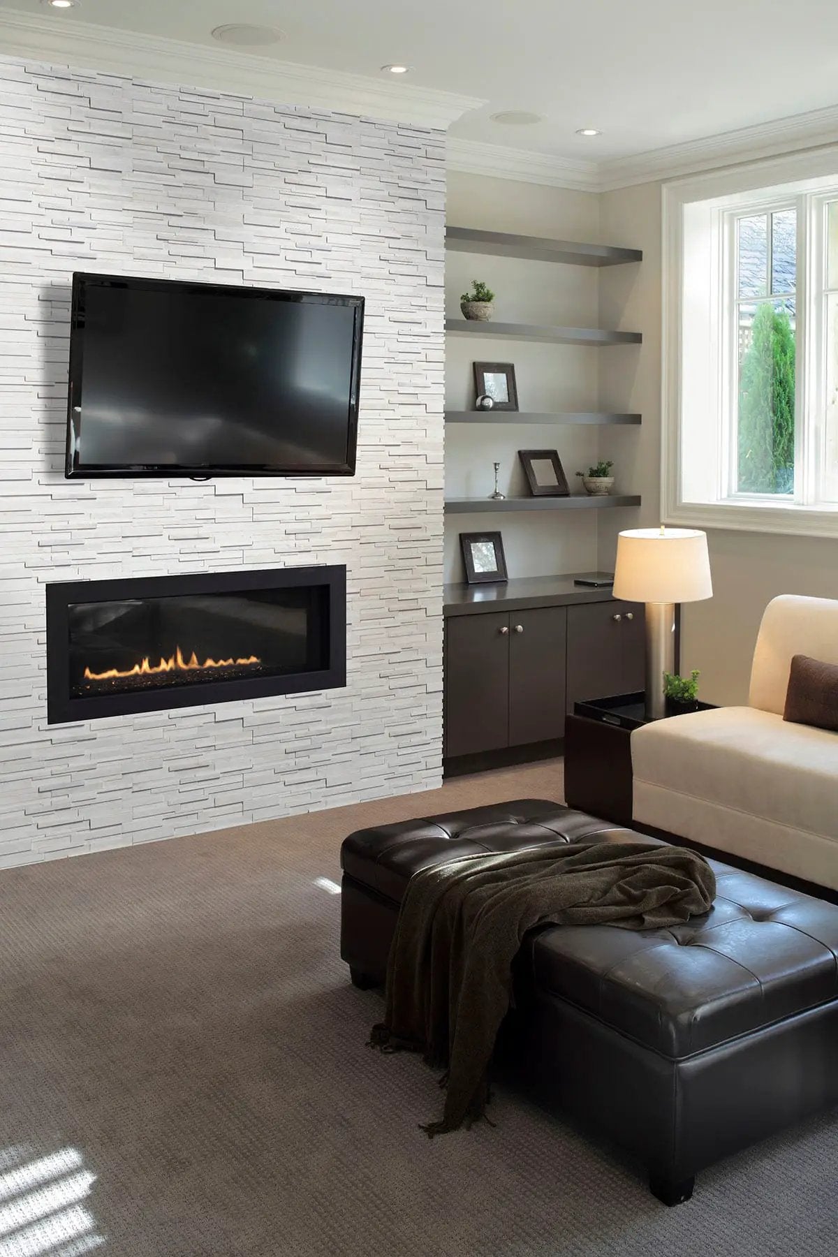 Arctic White 3d Honed Marble Pavers 6x24 in a finished room