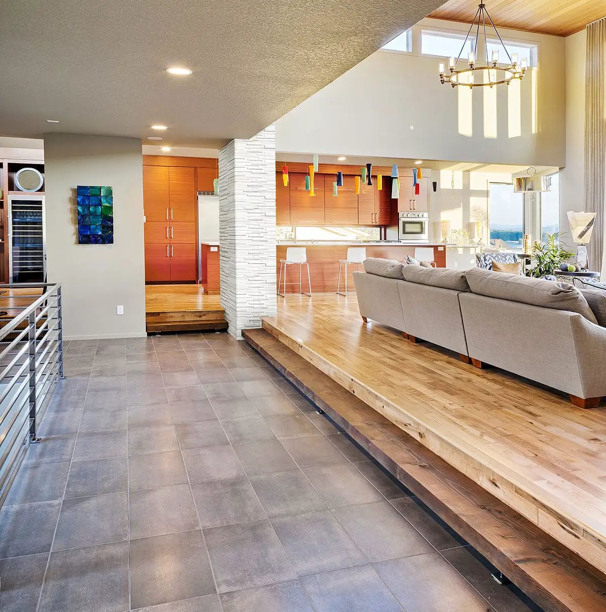 Arctic White 3d Honed Marble Pavers 6x12 in a finished room