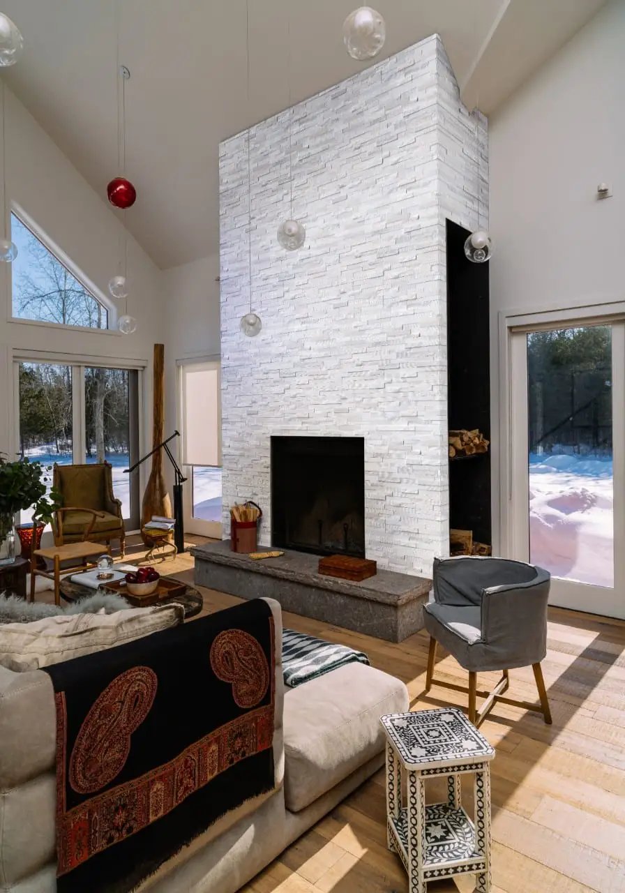 Arctic White Multi Finish Split Face Marble Pavers 6x24 in a finished room