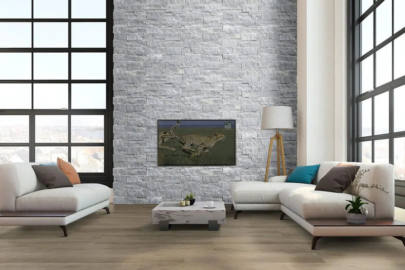 Atlantic Blue Split Face Corner Marble Pavers 9x12 in a finished room