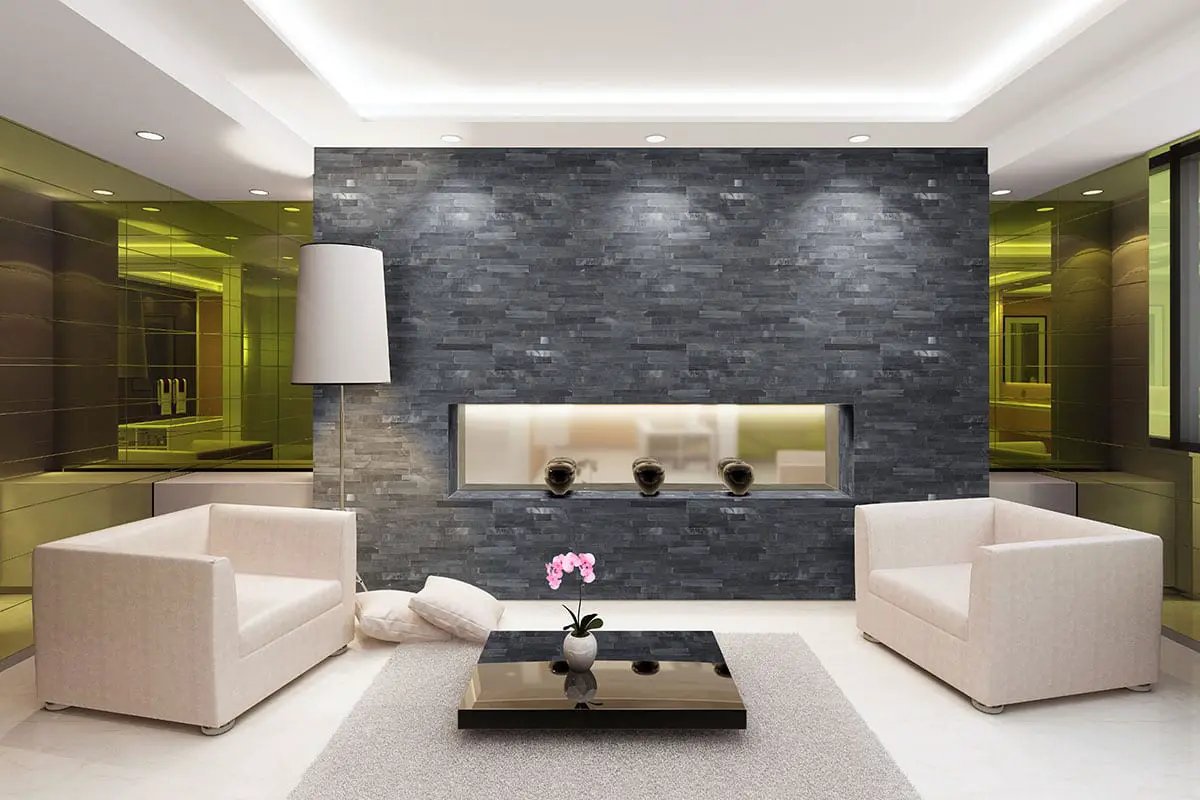Cosmic Black 3d Wave Honed Marble Pavers 6x24 in a finished room