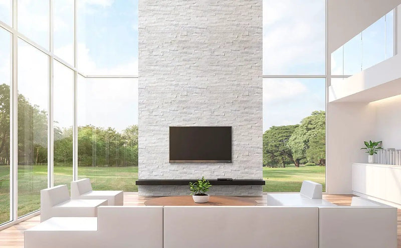Cosmic White Split Face Marble Pavers 6x24 in a finished room