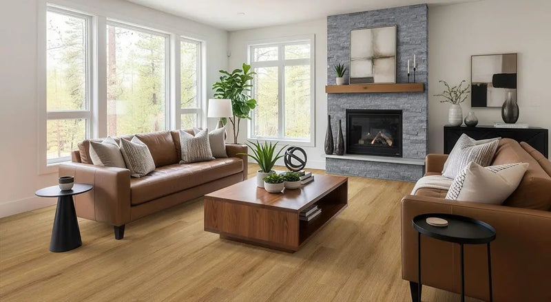 Glacial Grey Split Face Marble Pavers 6x18 in a finished room