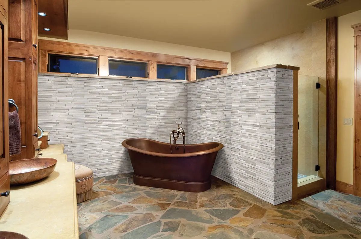 Gray Oak 3d Honed Marble Pavers 6x12 in a finished room